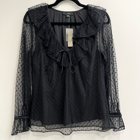 NWT J.Crew Ruffleneck top in clip dot black sheer sleeves BD756 size XS - Picture 6 of 15